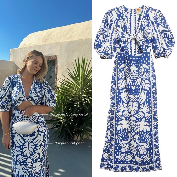 Rare NWT Farm Rio Jungle Scarf Midi Dress Cutout Birds Blue White Navy - Picture 5 of 14